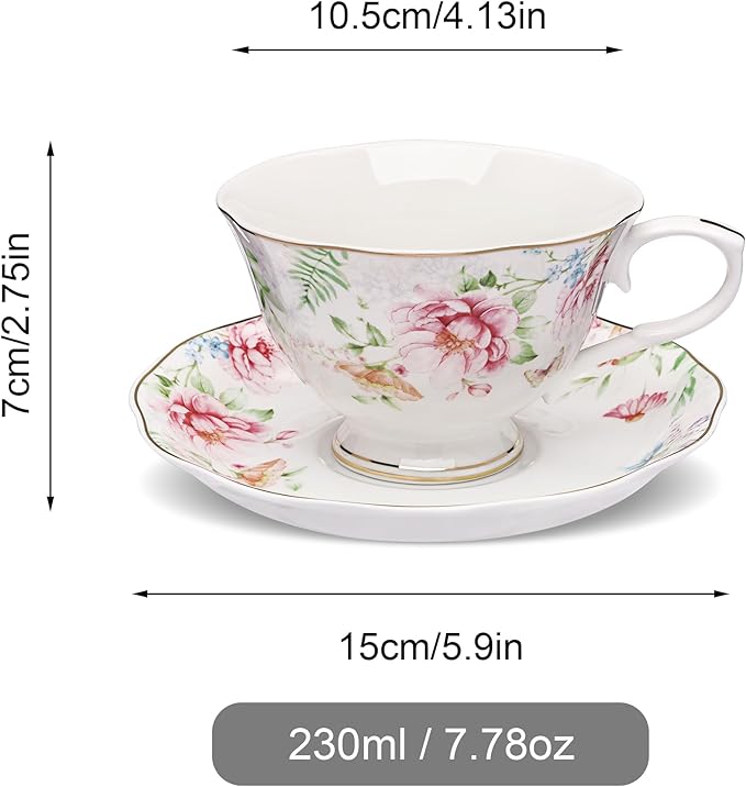 fanquare 7 oz Floral Tea Cup and Saucer Set for Afternoon Tea, British Style Porcelain Coffee Cup with Gold Trim for Home Party Gifting