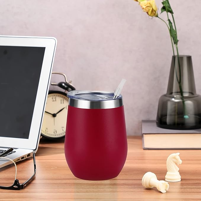 12 Pack Stainless Steel Wine Tumblers, 12Oz Double Wall Vacuum Insulated Wine Tumblers with Lids and Straws, Stainless Steel Stemless Wine Glasses for Coffee, Wine, Cocktails, Champaign, Wine Red…
