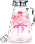 Domensi 74 oz / 2200 ml Glass Pitcher with Lid Water Pitcher with Handles Beverage Water Jar Glass Jug Hot and Cold Resistant Carafe for Tea Juice Milk Coffee Iced Beverage (Pink Bow)
