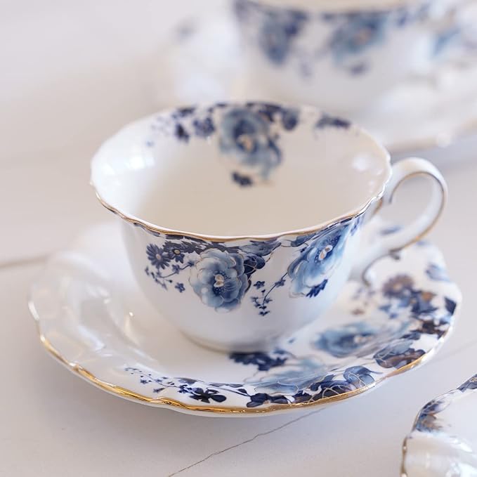 Jomop Ceramic Tea Cups Coffee Cup and Saucers Set of 4 (Blue and White)