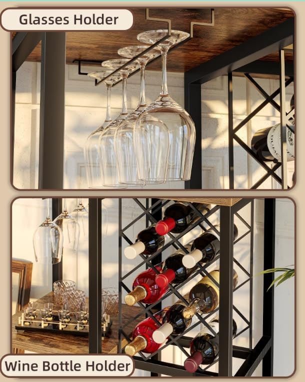 TIQLAB 3-Tier Wine Rack Cabinet, Modern Liquor & Coffee Bar Cart with Shelves, Glass Holder and Power Socket, Bar Table for Kitchen, Dining Room