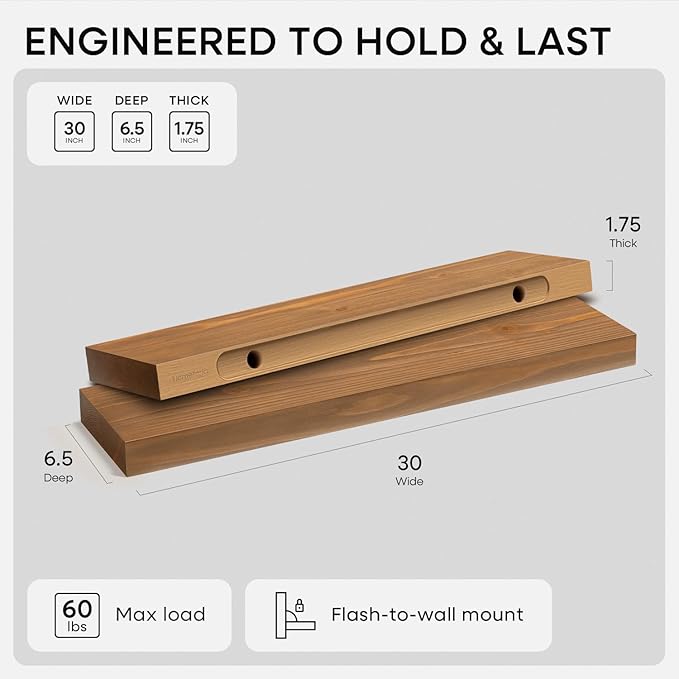 Homeforia 30 inch Golden Oak Floating Shelf, High End Solid Real Wood 30inch Small Floating Shelves for Wall Mounted, Oak Wooden 30in Floating Shelves, Heavy Duty Bracket, 30 X 6.5 X 1.75 in, Set of 2