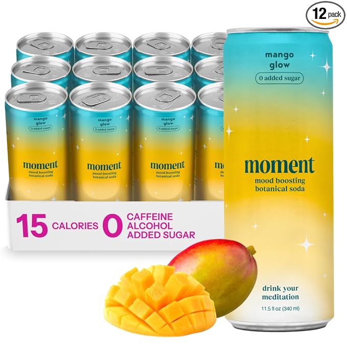 Moment Botanical Soda Soft Drink (Shark Tank) - SPARKLING Drinks | Mango Glow | L-Theanine & Ashwagandha for Calm & Clarity | 0 Added Sugar 0 Caffeine | 12-pack