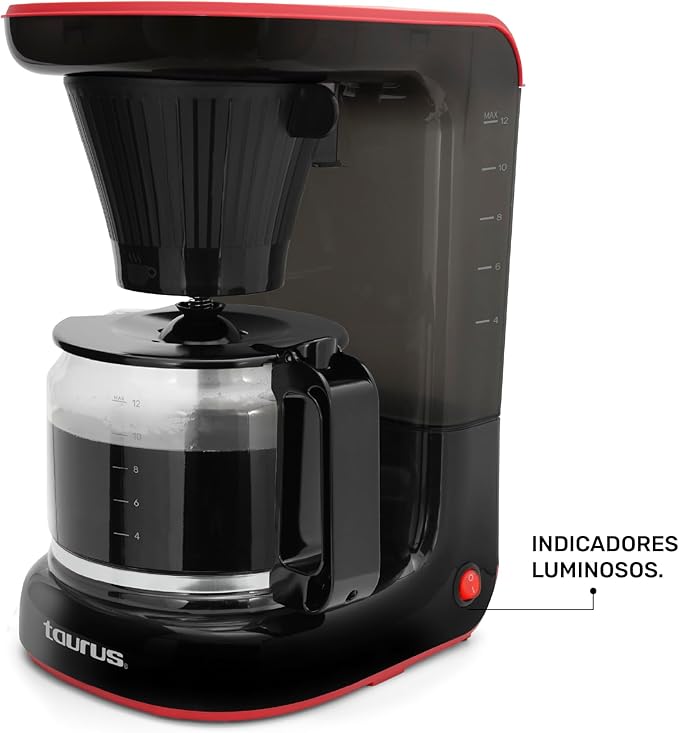Taurus Velvet 12-Cup Drip Coffee Maker, Glass Carafe, Modern Compact Design, Non-Programmable, Easy-Clean Reusable Filter, Auto Shut-Off, Black