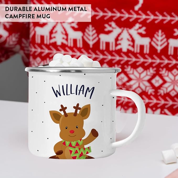 Andaz Press Personalized Name 11oz. Kids Christmas Hot Chocolate Stainless Steel Campfire Coffee Mug, Adorable Rudolph Reindeer Waving, 1-Pack, Custom Birthday Xmas Cup Kids Mugs For Hot Chocolate
