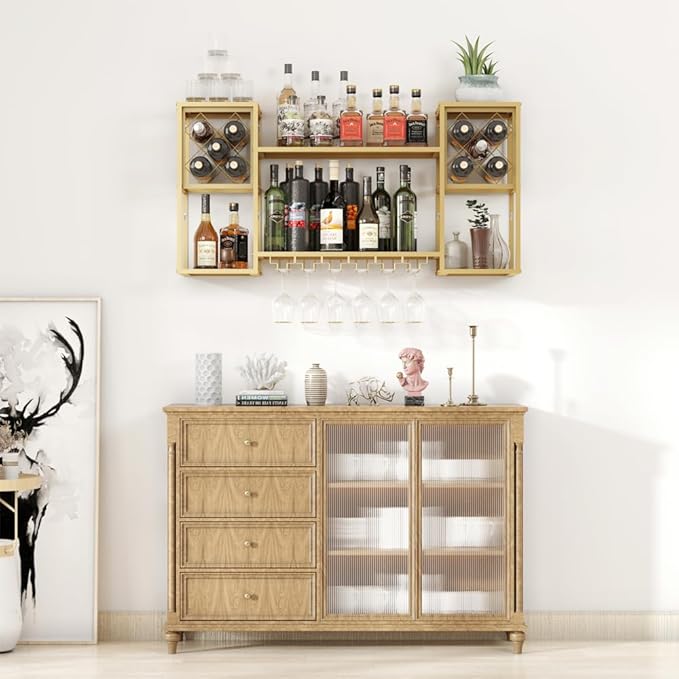 Metal Wall Mounted Wine Rack with Glass Holder, 2 Tier Mini Floating Bar Shelves, Liquor Bottle Display Shelf for Home Bar Kitchen Dining Room (Gold)