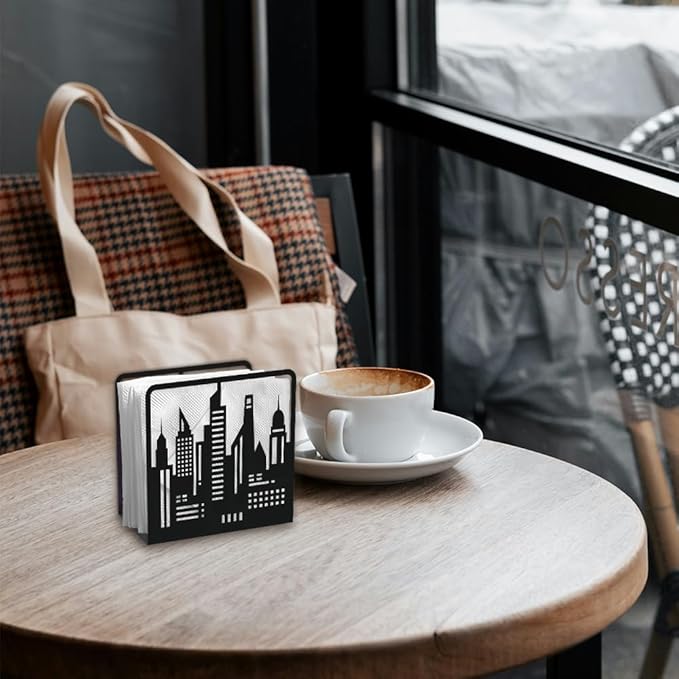 Skyline City Buildings Decorative Black Metal Napkin Holder for Table, 4.9" x 4.7" x 1.9" Skyscraper Standing Napkin Holder for Home Kitchen Restaurant Picnic Party Coffee Bar Dining Room