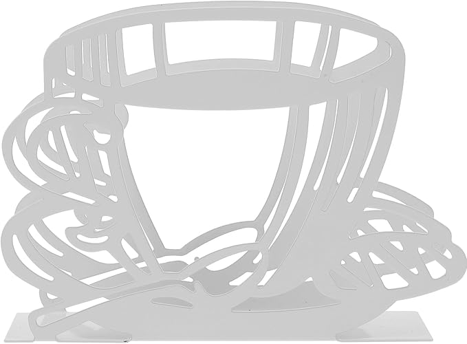 FUOYLOO White Stainless Steel Napkin Holder with Hollowout Coffee Cup Design Multifunctional Kitchen Table Tissue Stand for Countertop Dining Decor
