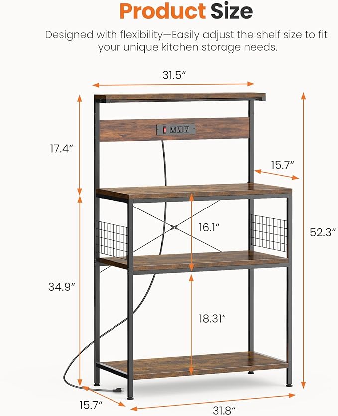Sweetcrispy Kitchen Bakers Rack with Power Outlet, Coffee Bar Table 4 Tiers, Microwave Oven Stand Station, Adjustable Storage Shelf Freestanding Appliance Organizer - 31.5 Inch, Rustic Brown