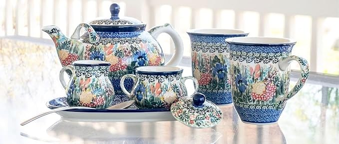 Blue Rose Polish Pottery - Blue Summer Blooms Large Teapot - 7 Cup Capacity - Hand-Painted Polish Pottery Ceramic Coffee & Tea Server
