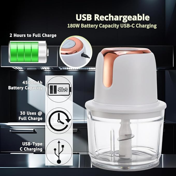 Electric Food Processor, 1.2L Cordless Meat Grinder, USB-C Rechargeable with 4500mAh Battery (Rose Gold)