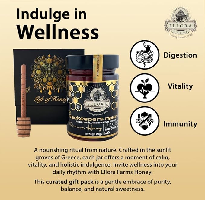 Ellora Farms Greek Honey Single Estate PDO, Pine & Thyme Honey Unfiltered, Beautiful Gift Pack with Dipper, Beekeepers Reserve, Raw & Unfiltered, Gluten Free - 450g (16oz)