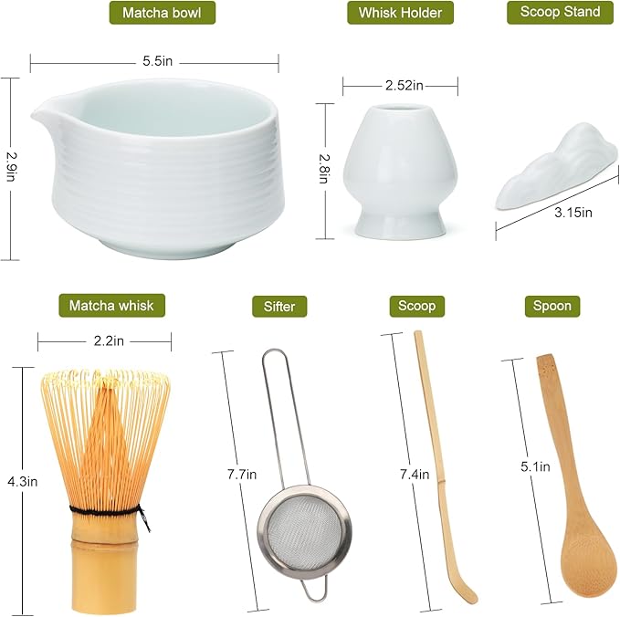 Accguan Matcha Whisk Set, 7pcs - Bamboo & Ceramic, Includes 19 oz Bowl, Whisk, Spoons, Holder, Sifter & More - Perfect for Matcha Lovers