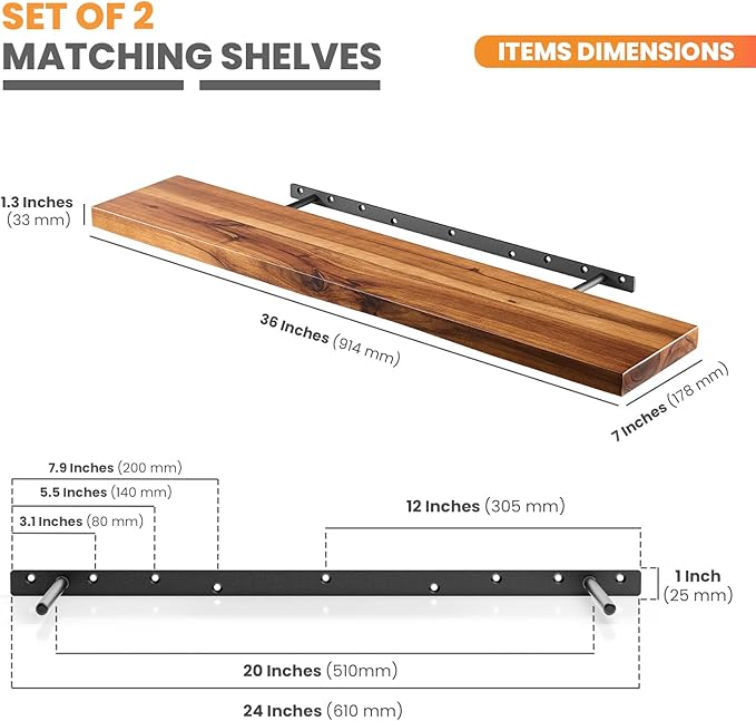 BATODA Set of 2 36" Wood Floating Shelves Wall Mounted – Rustic Farmhouse Wooden Wall Storage Shelf for Bedroom, Kitchen, Home Décor - Brackets and Shelving Hardware Included (Acacia, 36inch)