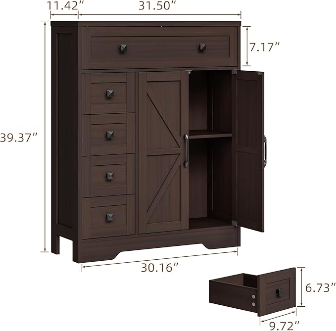 Vabches Farmhouse Storage Cabinet with 2 Doors and 5 Drawers, Freestanding Bathroom Cabinets Kitchen Pantry, Floor Storage Cabinet Hutch Cupboard for Living Room/Bathroom/Kitchen.Espresso