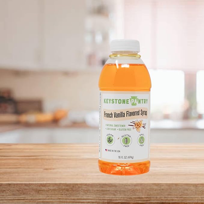 Keystone Pantry French Vanilla Flavored Syrup 1 pint bottle Natural Sweetener, Low Sugar, Gluten Free, Vegan, GMO Free, Kosher parve