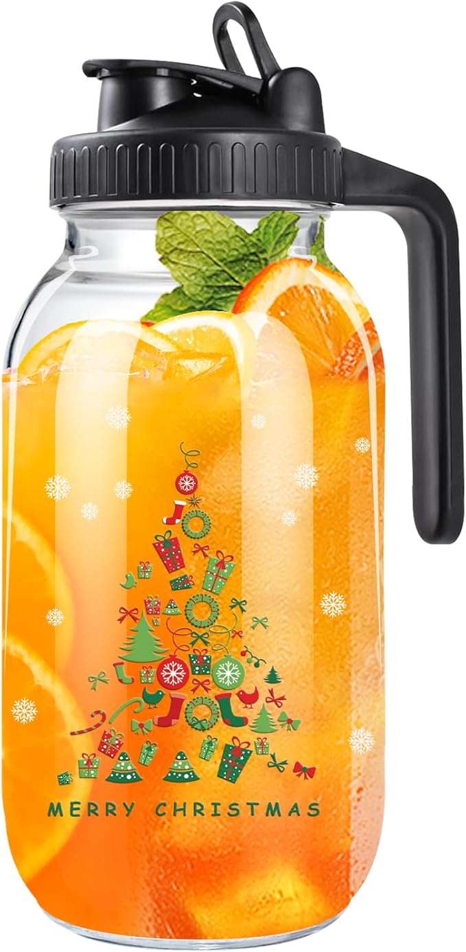 Breast Milk Pitcher Glass Pitcher with Lid, 64 oz 2 Quart Mason Jar Pitchers with Lid and Spout, Wide Mouth Glass Jug Sun Tea Pitchers, Cold Brew Coffee pitcher, Fridge Container for Water-Christmas
