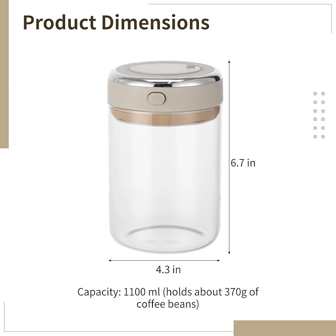 Glass Coffee Canister 1100ml, Airtight Coffee Bean Storage Jar with One-Way CO₂ Vent, Date Tracking Dial & One-Press Seal Lid, High Borosilicate Glass Coffee Container for Tea Sugar