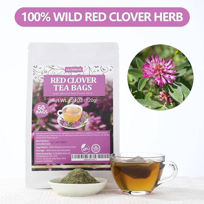 60 Premium Red Clover Tea Bags, Made with 100% Natural Red Clover Flowers & Herb, Rich in Antioxidants & Supports Wellness, No Additives & Caffeine Free.