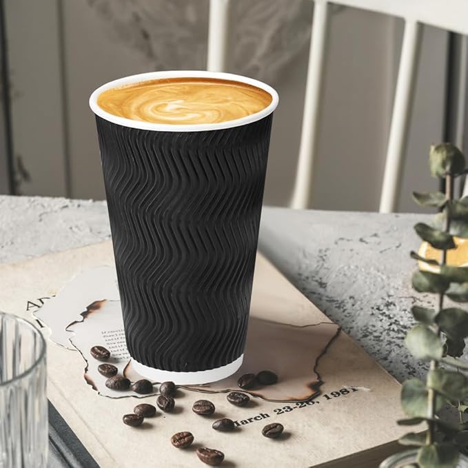 16 oz Coffee Cups with Lids, 500 Pack Disposable Coffee Cups Insulated Ripple Paper Cups for Water, Juice, Espresso (Black 16 oz)