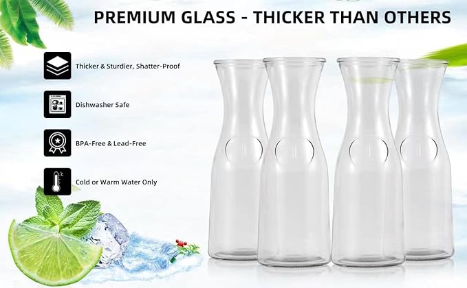 Set of 4 Glass Carafe with Lids, 1 Liter Beverage Pitcher Carafe for Mimosa Bar, Lemonade - 4 Wooden Chalkboard Tags Included