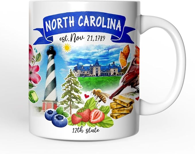 OrnamentallyYou State Travel Landmark Mugs – 12 oz Ceramic Coffee Cups, U.S. Souvenir Gift for Tourists (Artistic North Carolina State Themes and Landmarks Mug)