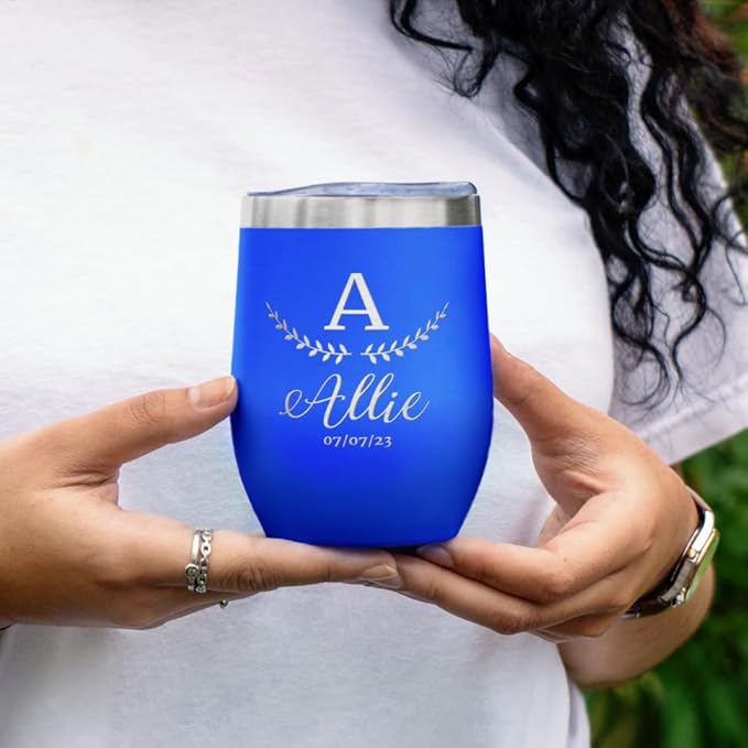 Gifts Inscribed Personalized Wine Tumbler with Lid – Blue Custom Engraved Stainless Steel Insulated Mug for Hot & Cold Drinks – Customized Bridesmaid, Wedding, or Birthday Gift