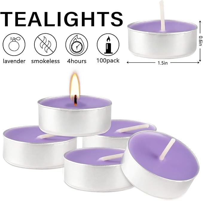 Purple Lavender Scented Tealight Candles - 4 Hours - Giant 100 Bulk Packs - Smokeless Tea Lights for Valentine's Day, Weddings,Christmas, Home Decorative