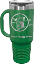 LaserGram 40oz Vacuum Insulated Travel Mug with Handle, Sushi, Personalized Engraving Included (Green)