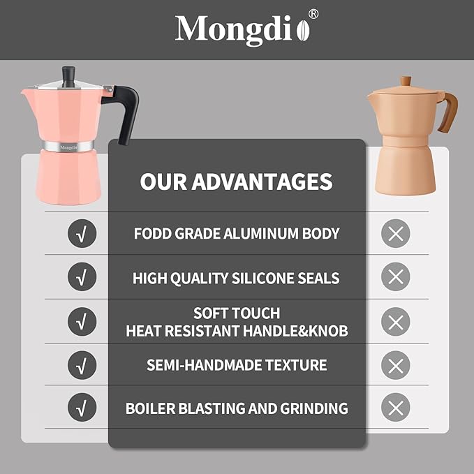 Mongdio Stovetop Espresso Maker Moka Pot, Stove Top Cuban Coffee Maker, Italian Greca Mocha Pot, 9 Espresso Cups, 15 oz - Pink