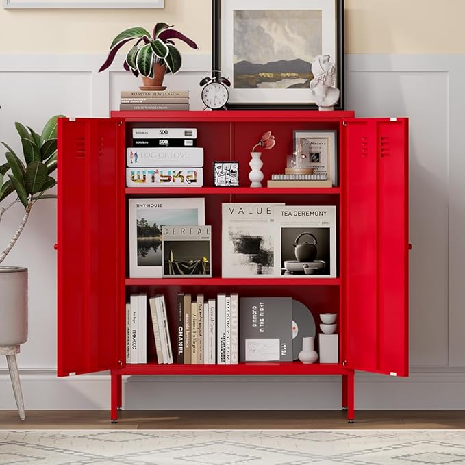 Red 2 Tier Metal Storage Cabinet with Legs, Small Accent Cabinet with Adjustable Shelf, Storage Side Table, 2 Door Storage Cabinet for Home, Office, Entryway, Kitchen,Bathroom,Dining Room