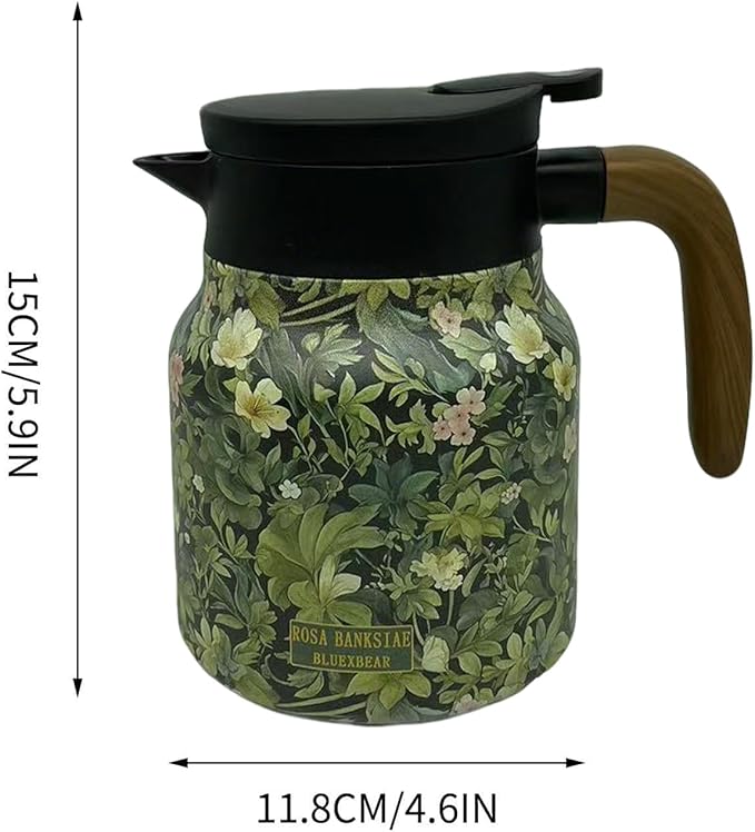 Vintage Floral Pattern Teapot, Doresty Tea Pot, Vintage Floral Pattern Tea-Built-In Infuser, Stainless Steel Thermal Carafe with Lid for Hot Drinks (Green, Wooden handle)