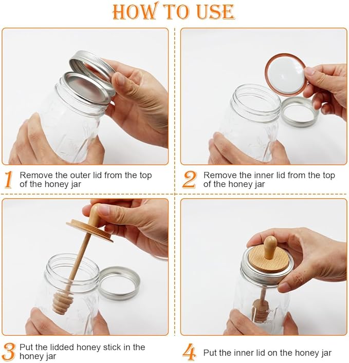 Sun3drucker Wooden Mason Jar Honey Dipper with Lids Set - Honey Dipper Wooden Stick for Regular Mouth Mason Jars, Honey Spoon Honeycomb Lids for Regular Mouth 16 oz Mason, Ball Jars