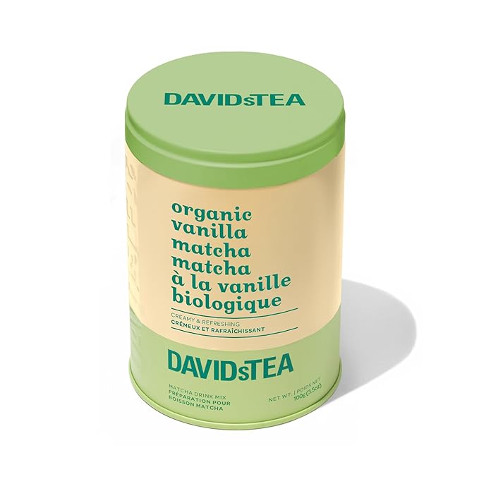 DAVIDsTEA Organic Vanilla Matcha Tea – Flavored Green Tea Powder with Natural Vanilla – Low Caffeine – 100g Iconic Tin – Smooth, Creamy & Sweet Matcha for Lattes, Iced Drinks