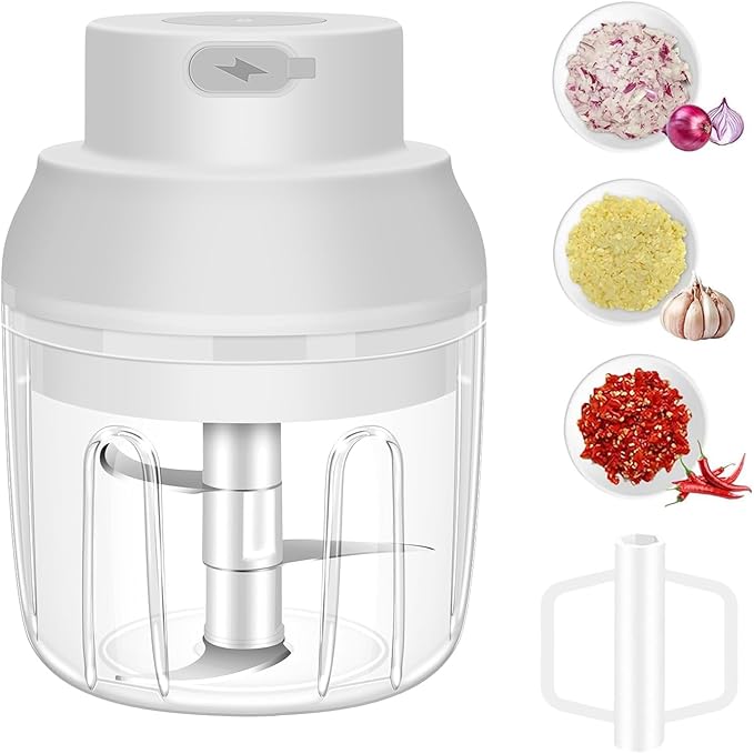 Electric Garlic Chopper, 250ML Garlic Mincer with Egg Beater, Mini Portable Vegetable Chopper, Onion Grinder Masher, USB Small Food Processor for Veggie, Garlic, Ginger, Chili(White)