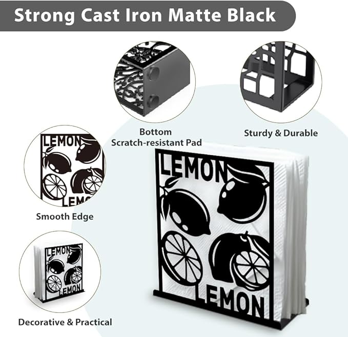 Lemon Decorative Black Metal Napkin Holder for Table, 5.3" x 4.9" x 1.9" Lemon Fruit Standing Napkin Holder for Home Kitchen Restaurant Picnic Party Coffee Bar Dining Room