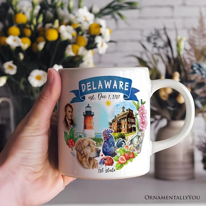 OrnamentallyYou State Travel Landmark Mugs – 12 oz Ceramic Coffee Cups, U.S. Souvenir Gift for Tourists (Artistic Delaware State Themes and Landmarks Mug)