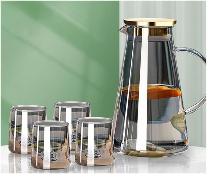 5-Pcs Glass Pitcher Set Jug with 4 Water Glasses Tumbler Cups Lid Carafe Jug with Spout Handle for Hot/Cold Tea Beverage