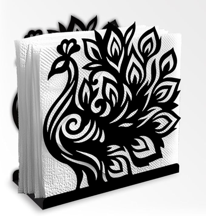 Peacock Decorative Black Metal Napkin Holder for Table, 4.9" x 5.3" x 1.9" Peacock Animal Standing Napkin Holder for Home Kitchen Restaurant Picnic Party Coffee Bar Dining Room