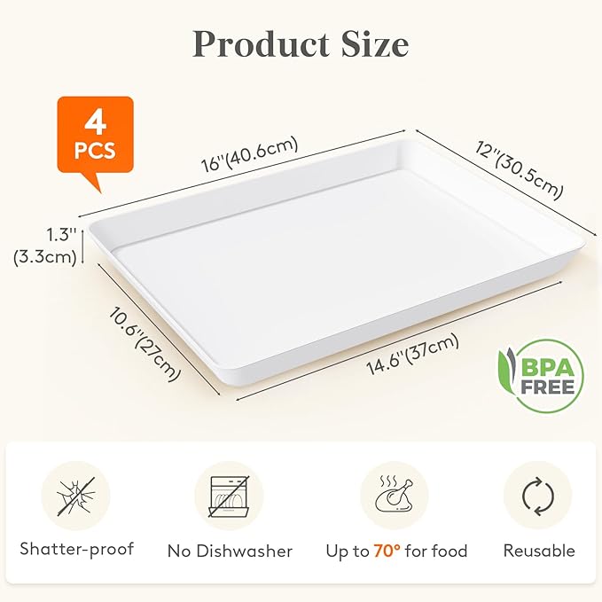 Lifewit 4 Pcs Plastic Serving Tray for Party Supplies, 16" x 12" White Trays for Serving Food, Reusable Extra Large Platter for Buffet, Fruit, Dessert, Veggie, Holiday Christmas Essentials, Rectangle