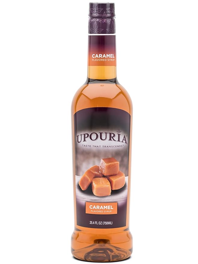 Upouria French Vanilla & Caramel Coffee Syrup Flavoring, 2 of each Flavor, 100% Vegan, Gluten-Free, Kosher, 750 mL Bottles (Pack of 4) with 2 Coffee Syrup Pumps