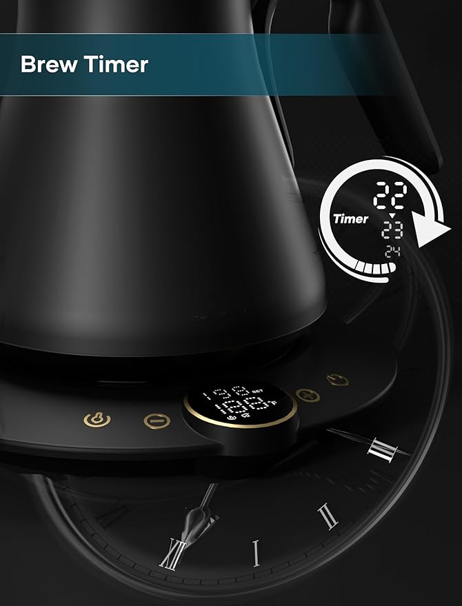 Gooseneck Electric Kettle with ±1℉ Temperature Control for Pour Over Coffee & Tea, Quick Heating, BPA-Free Stainless Steel, Built-in Brew Timer, 1500W/0.9L (Black Walnut)
