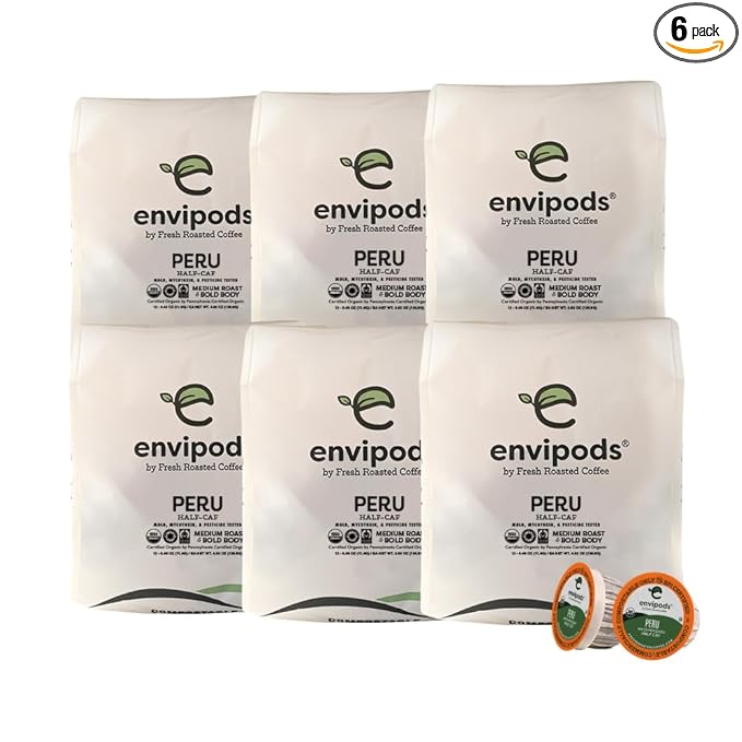 Fresh Roasted Coffee, USDA Organic Peru Water-Processed Half Caf envipods | 3rd Party Tested for Pesticides, Mold, Mycotoxins, BPI Compostable | Med Roast 72 CT Pods for K Cup Brewers
