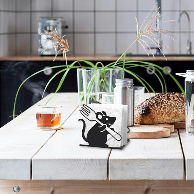 Funny Mouse Decorative Black Metal Napkin Holder for Table, 5.3" x 4.9" x 1.9" Mouse Fork Animal Standing Napkin Holder for Home Kitchen Restaurant Picnic Party Coffee Bar Dining Room