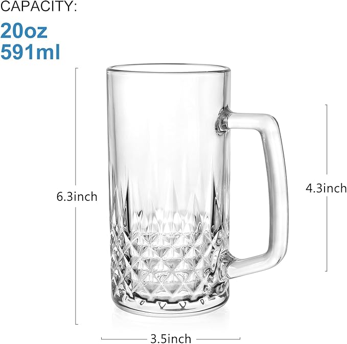 Beer Mugs For Freezer, 20 oz Large Heavy Glass Mugs with Handles Set of 4, Clear Large Beer Steins for Tea, Coffee, Lead-Free Glasses Oktoberfest Style, Best Gifts for Dad Husband or Friend