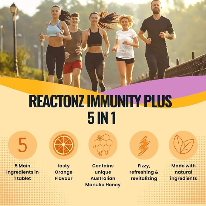5 in 1 Immunity Plus – Immune Support & Antioxidant Supplement – Vitamin C, Zinc, Manuka Honey, Rosehip & Propolis – Natural Zesty Orange Flavor – 60 Day Supply Effervescent Tablets
