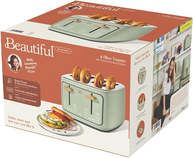 Beautiful 4-Slice Toaster by Drew Barrymore – Touch Display, Extra-Wide Slots, Bagel & Frozen Functions, Stainless Steel (Sage Green)