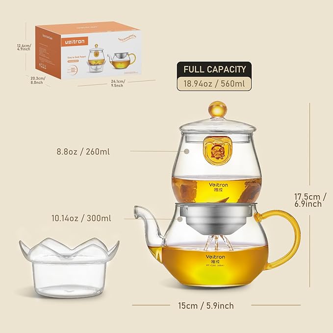 Easy to Soak Tea Pot, Total 560ml (18.94 oz) Glass Teapot with Base, Tea and Water Separation Magic Teapot for Stovetop, Home, Office or Solo Tea Drinking