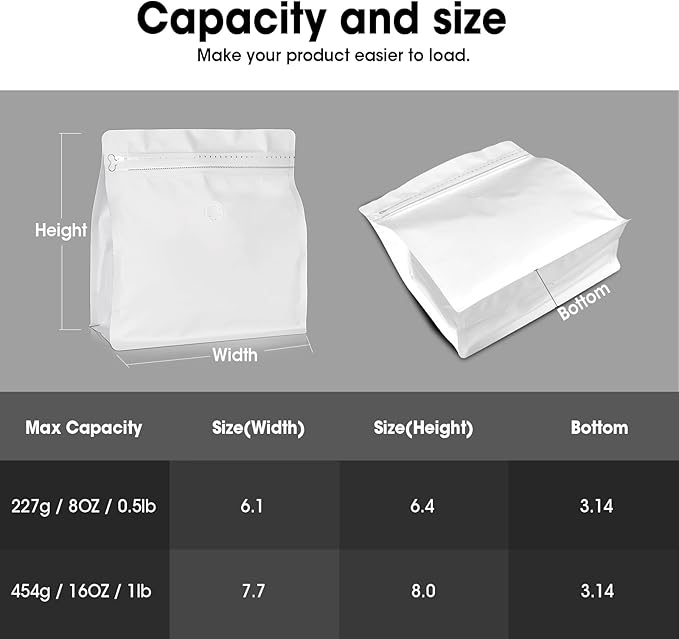 50 Count 16oz Coffee Bags with Valve,1lb Vented Coffee Beans Packaging Bags High Barrier Aluminumed Foil Flat Bottom Heat Sealed Side Zipper Resealable Storage Bag for Home or Business（White）