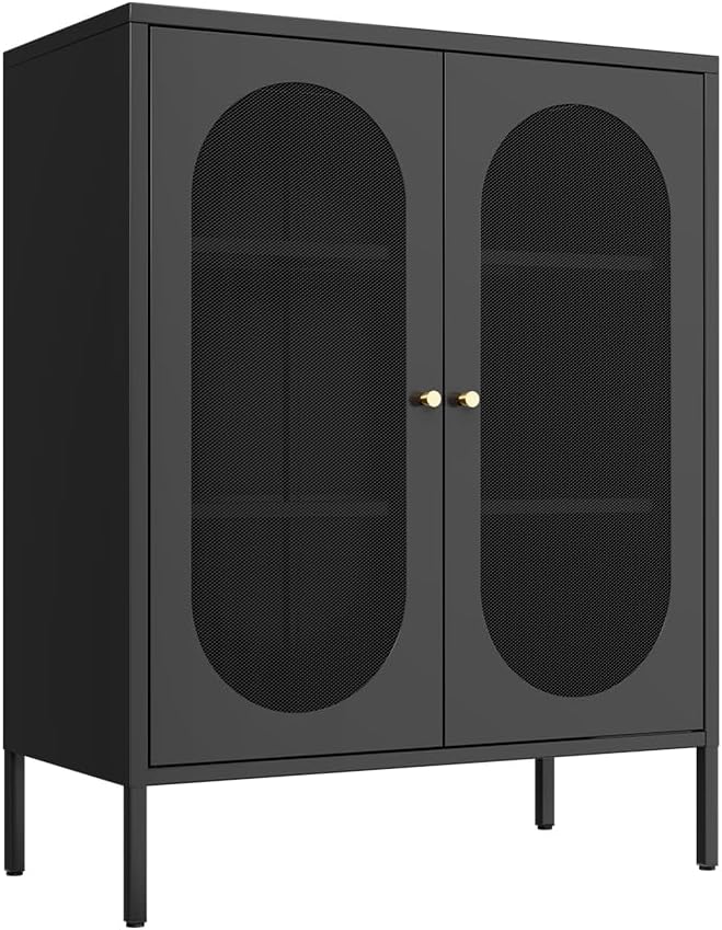 Metal Storage Cabinet，Small Cabinet with 2 Mesh Doors, Pantry Storage Cabinet with Adjustable Shelf, Black Accent Cabinet for Home, Office, Living Room,Dining Room,Sideboard, Hallway and Entryway